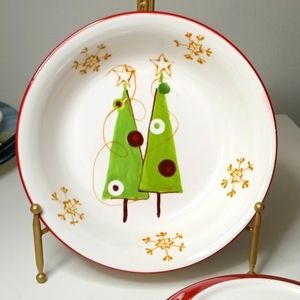 Hand painted decorative Christmas shallow bowls set of two